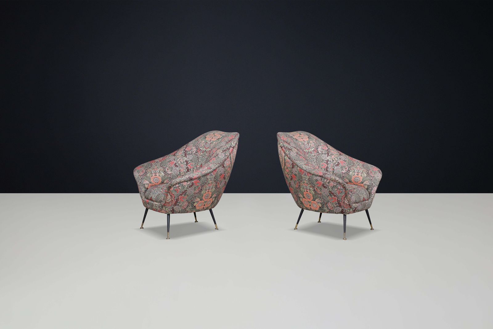 Federico Munari Armchairs In Original Floral Upholstery With Brass Feet. photo 5683.0