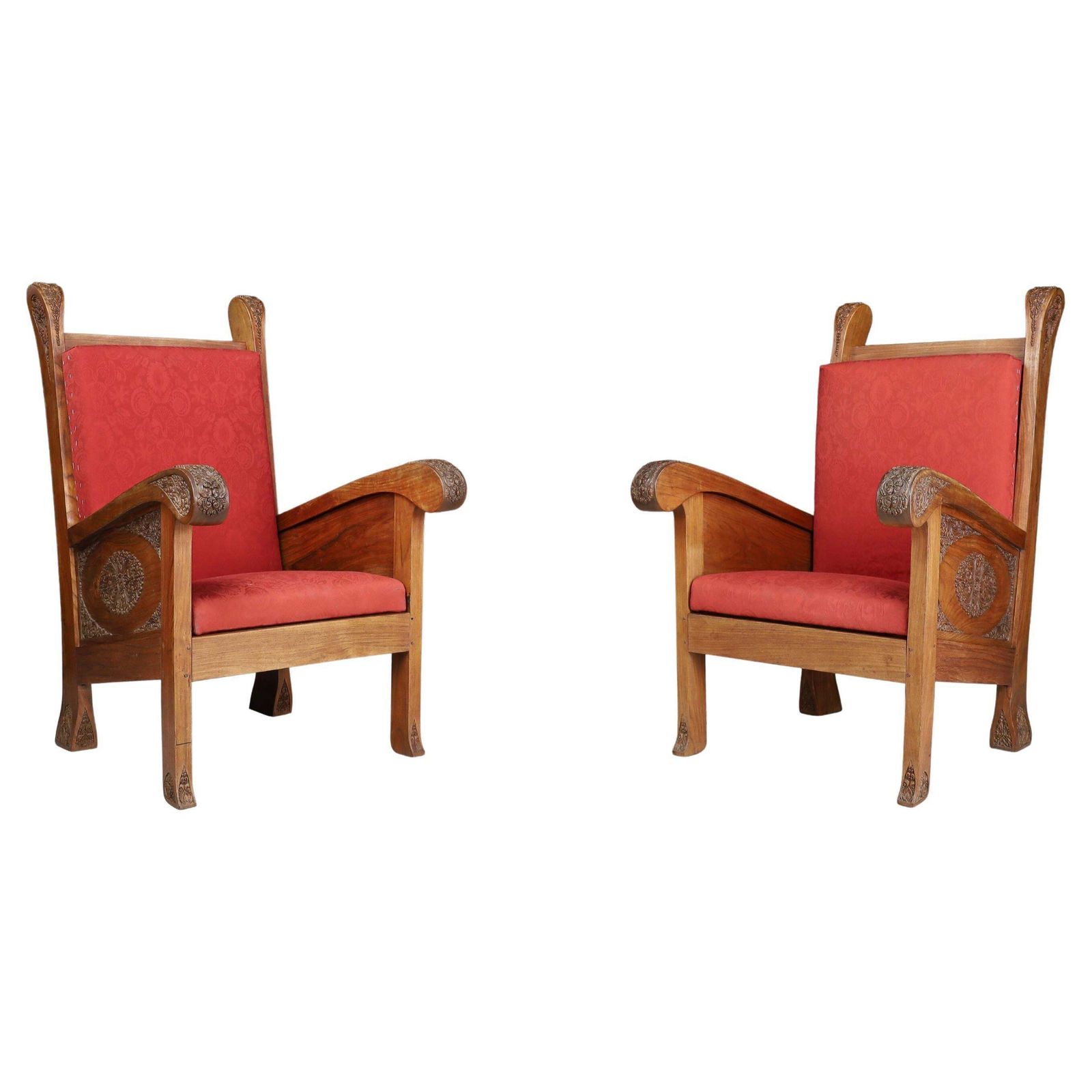 Hand Carved Walnut High Back Chairs, Indonesia, Early 20th Century