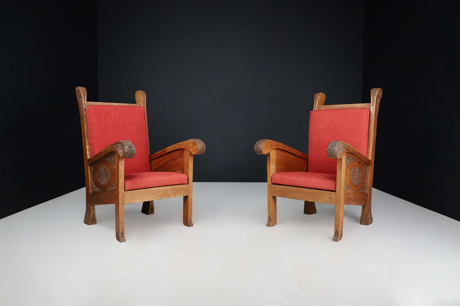 photo for sale Hand Carved Walnut High Back Chairs, Indonesia, Early 20th Century