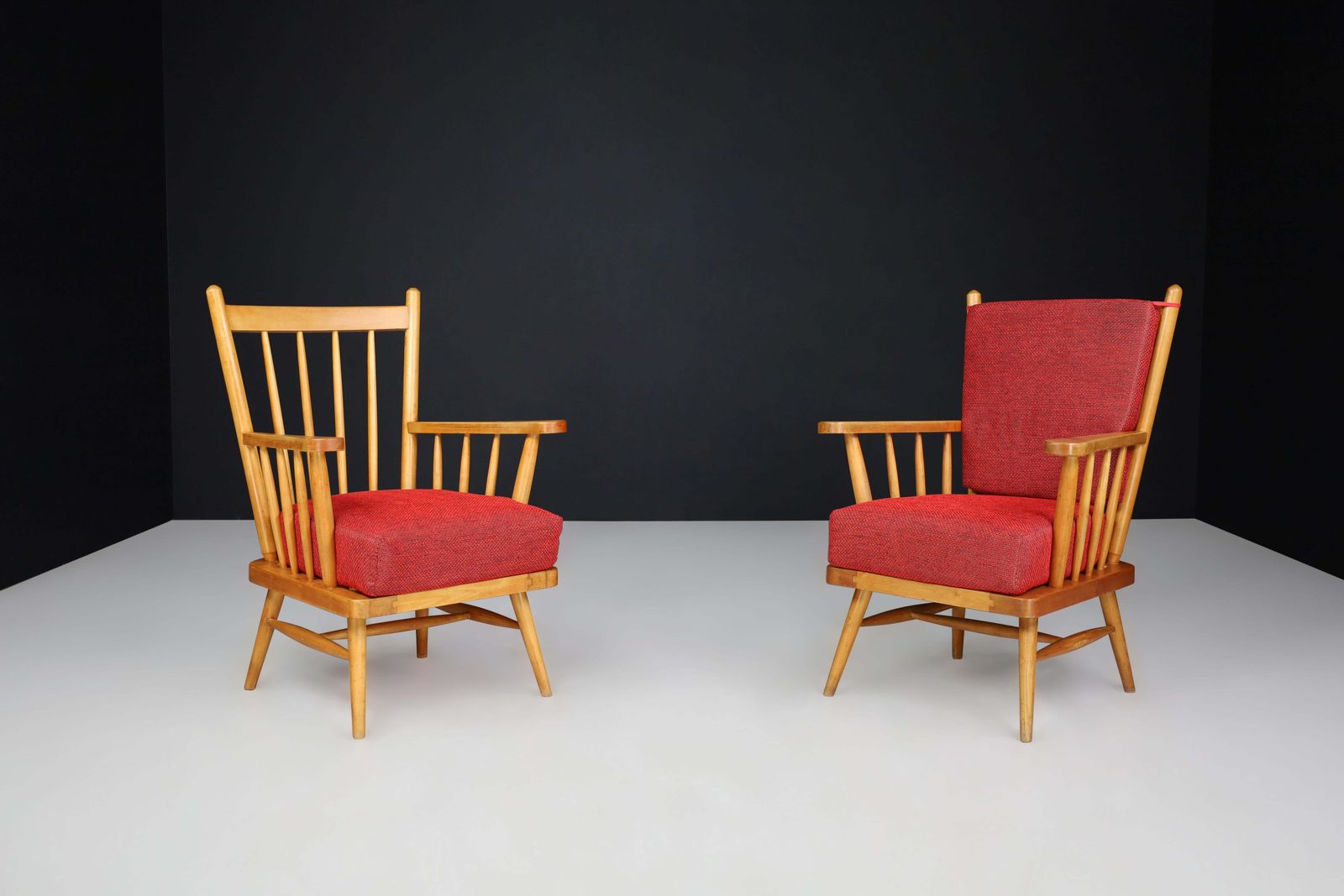 Pair Of Scandinavian Mid Century Modern Lounge Chairs In Beech & Red Upholstery. photo for sale