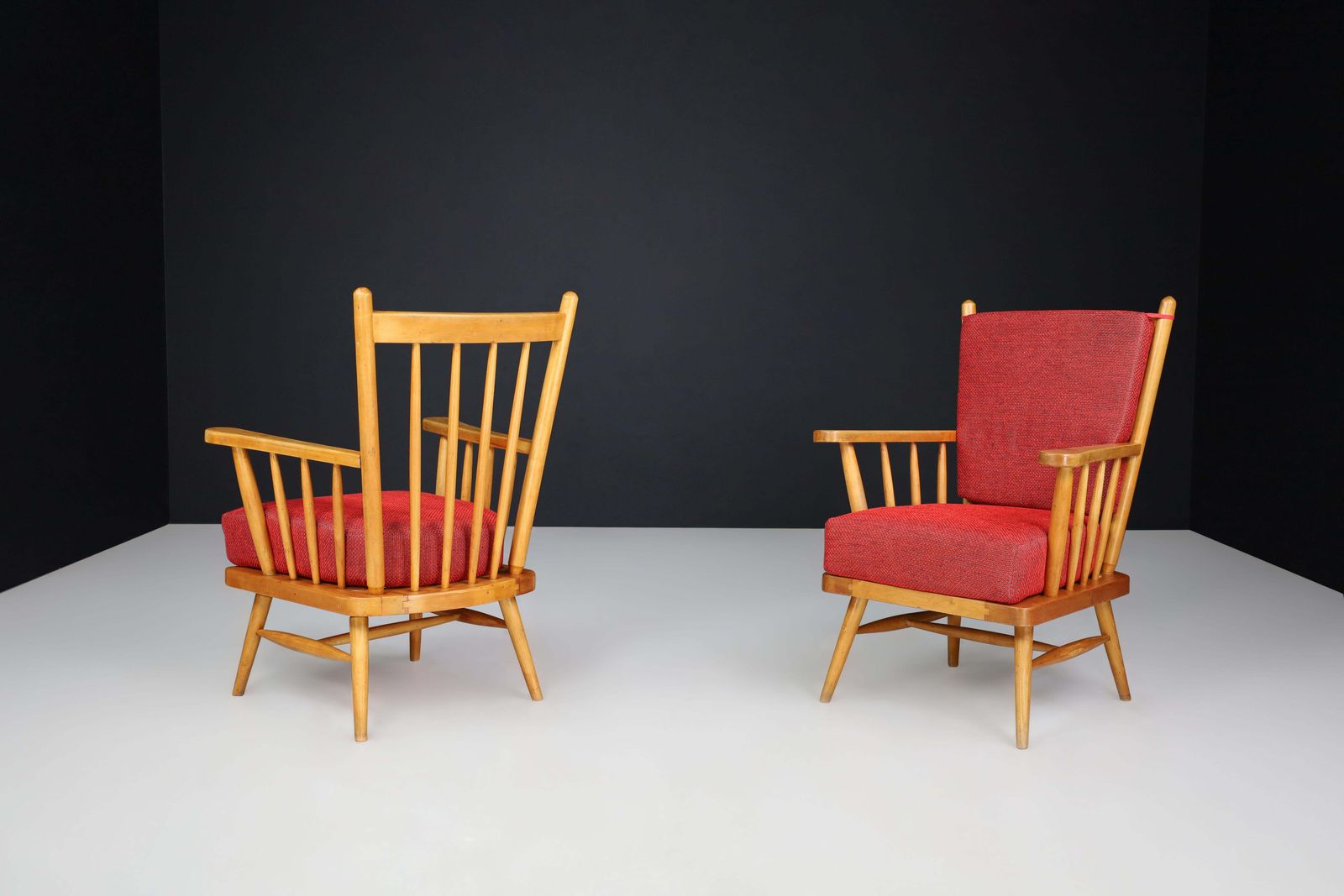 Pair Of Scandinavian Mid Century Modern Lounge Chairs In Beech & Red Upholstery. photo 3099.0