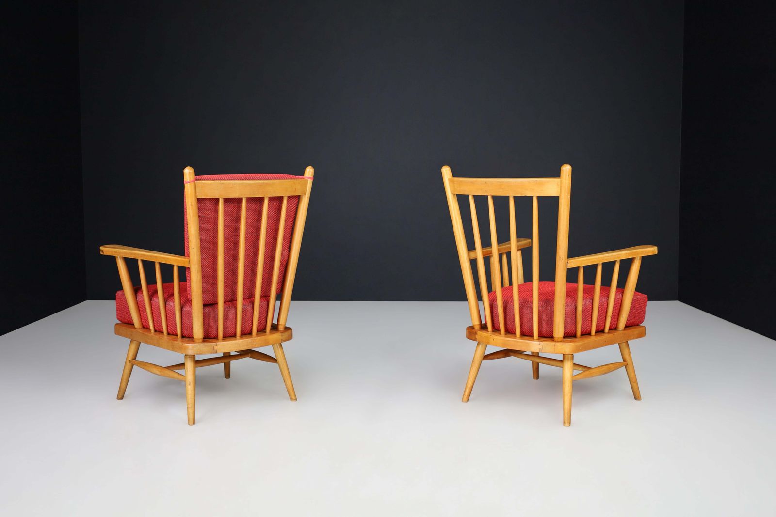 Pair Of Scandinavian Mid Century Modern Lounge Chairs In Beech & Red Upholstery. photo vintage