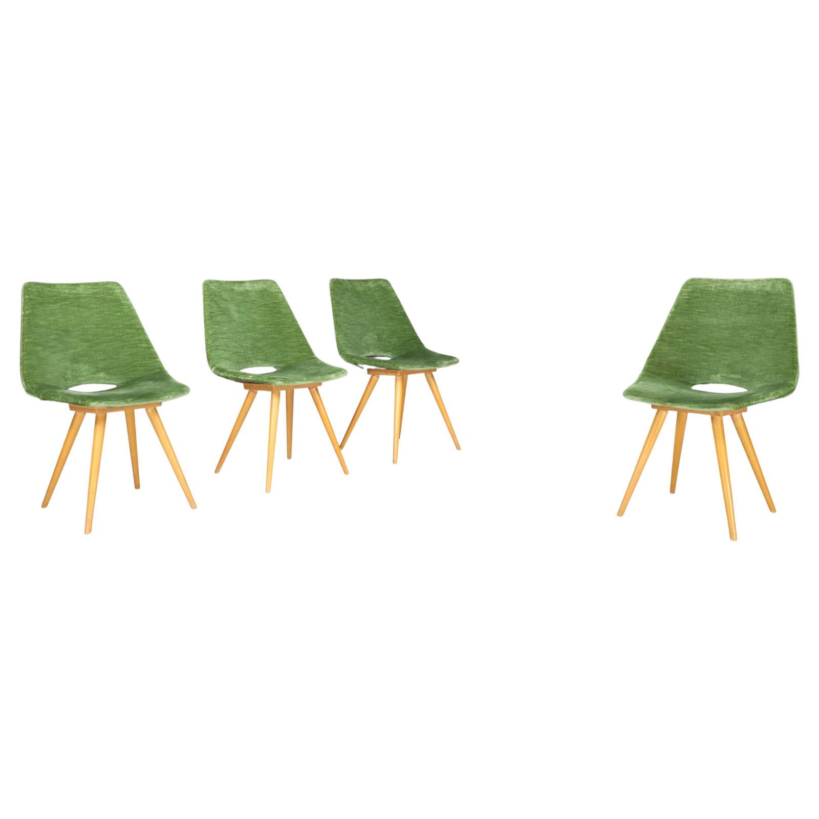 Set Of 4 Original Thonet Dining Chairs In Green Velvet, 1950s