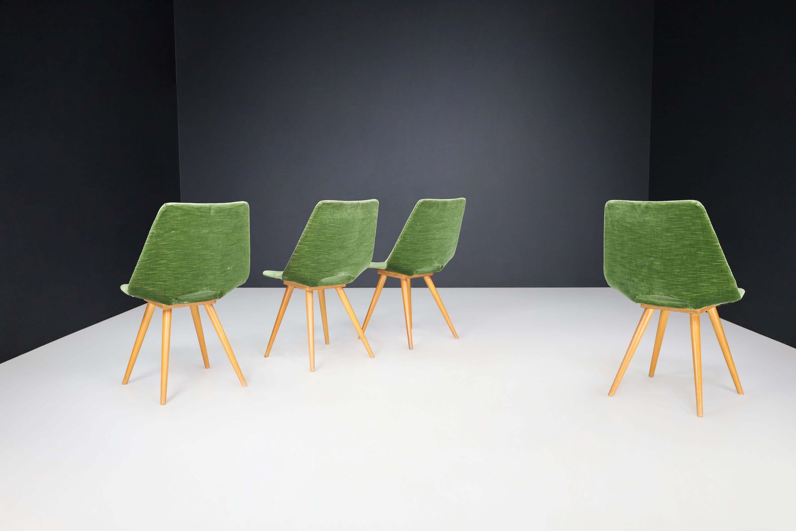 Set Of 4 Original Thonet Dining Chairs In Green Velvet, 1950s photo for sale