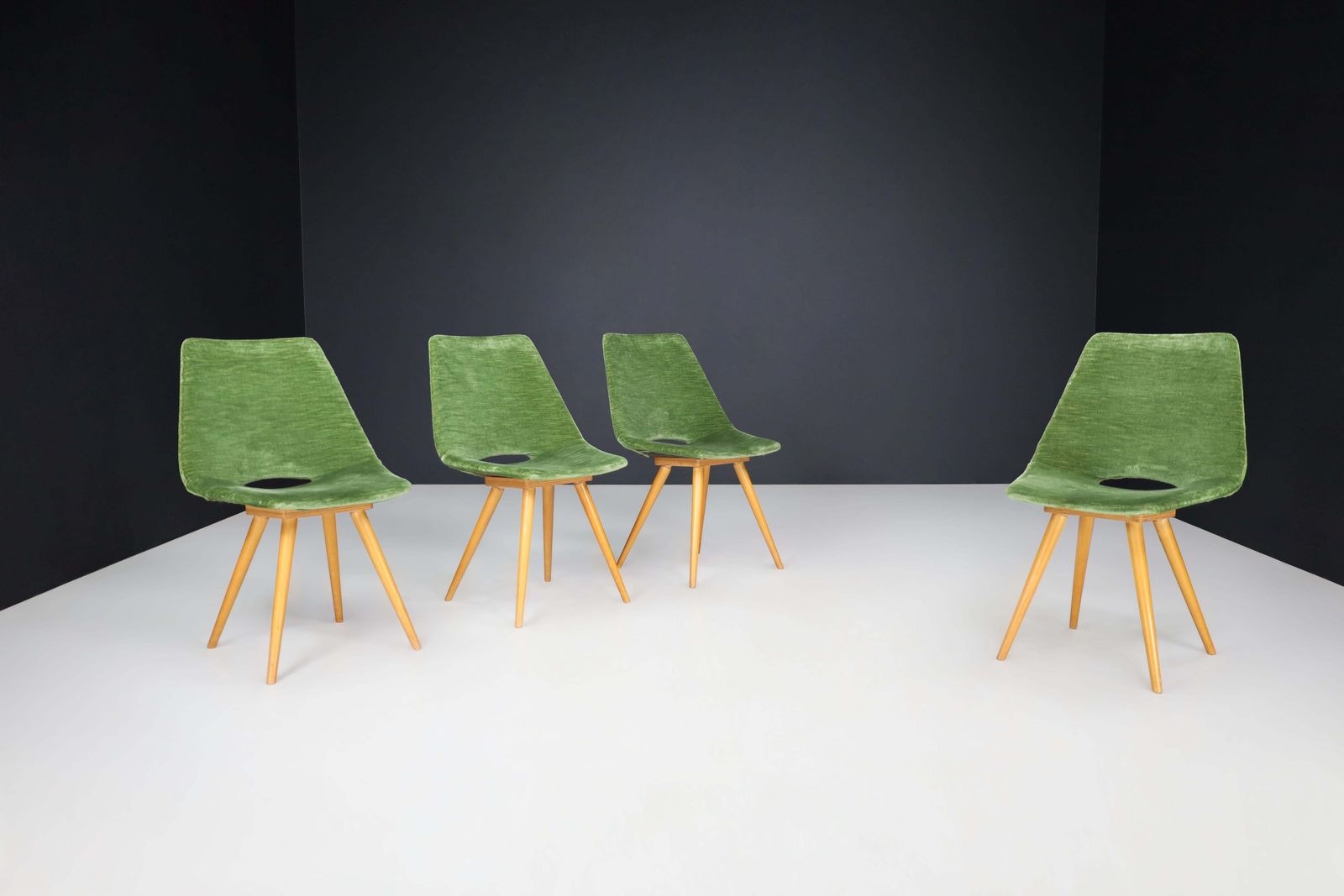 Set Of 4 Original Thonet Dining Chairs In Green Velvet, 1950s photo vintage
