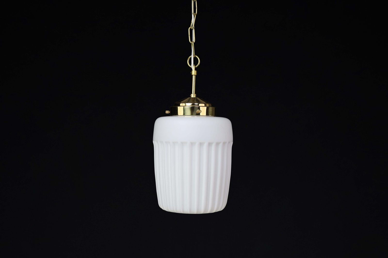 1970s European Mid Century Modern Opaline Glass & Brass Pendant Lights photo vinterior