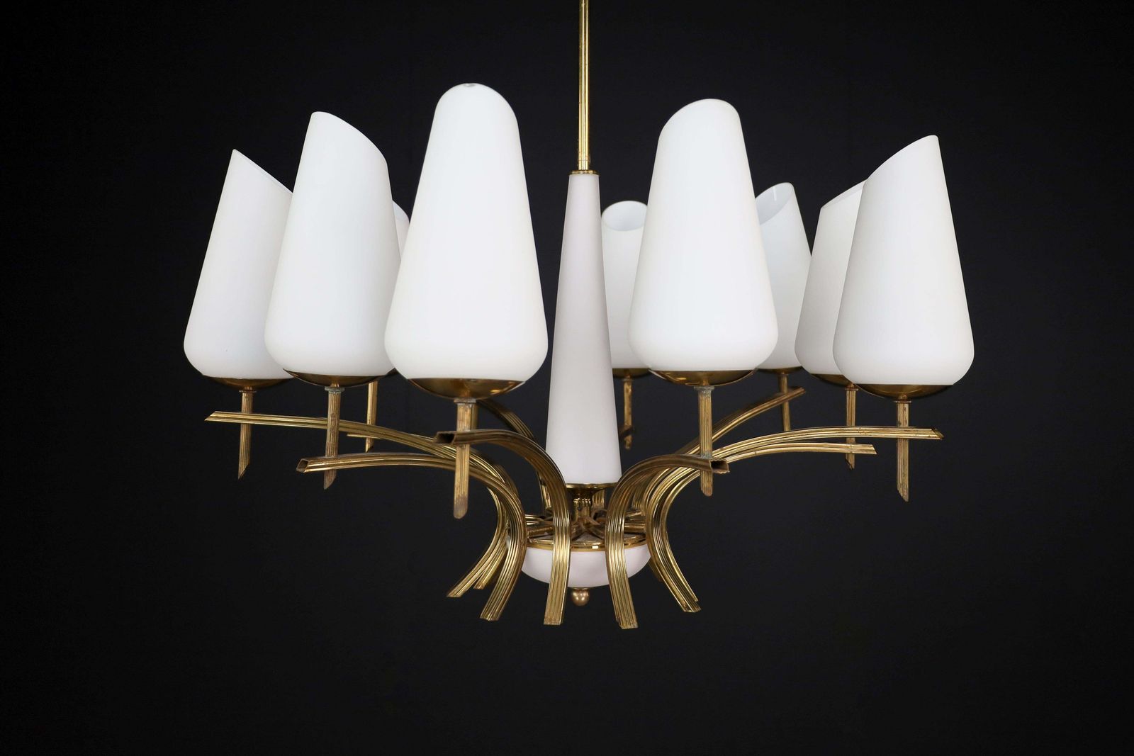 Elegant Mid Century Modern Brass And Opaline Glass Chandelier, France, 1950s photo 3812.0