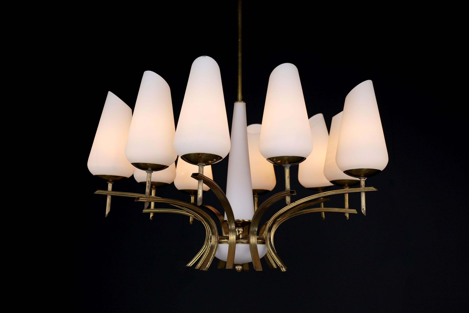 photo for sale Elegant Mid Century Modern Brass And Opaline Glass Chandelier, France, 1950s
