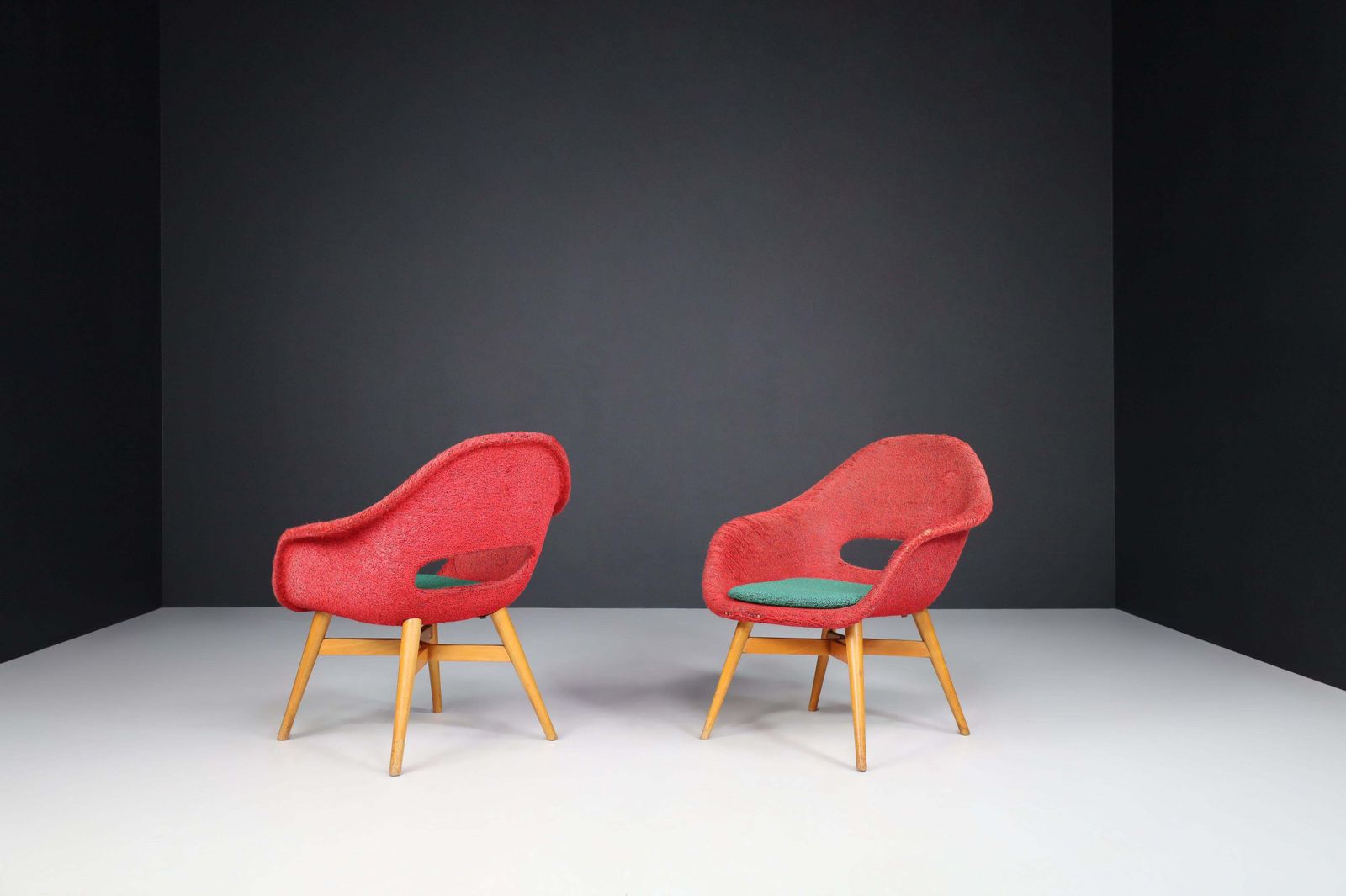 photo furniture Miroslav Navratil Easy Chairs In Original Red And Green Fabric, 1960.