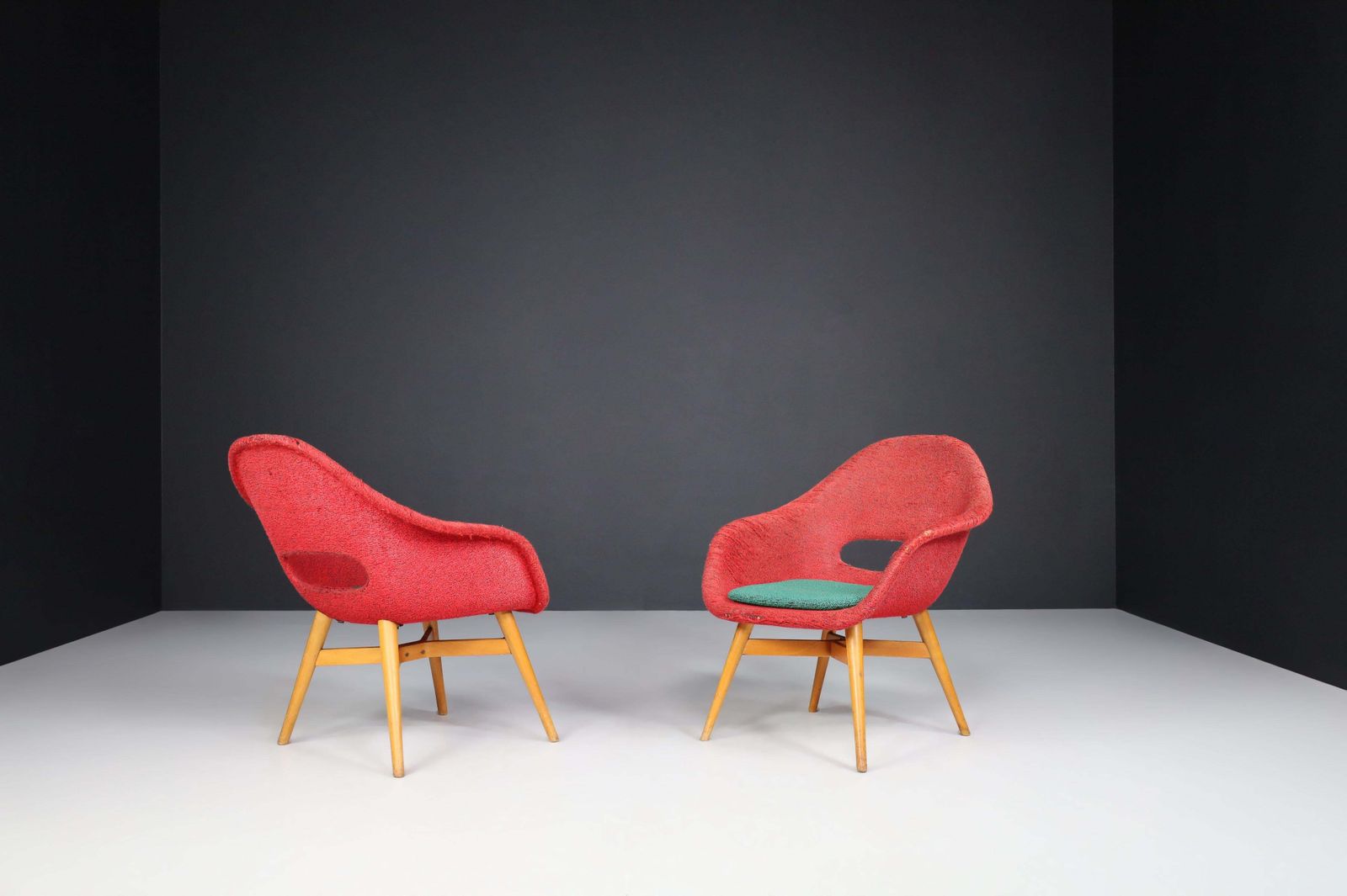 photo for sale Miroslav Navratil Easy Chairs In Original Red And Green Fabric, 1960.
