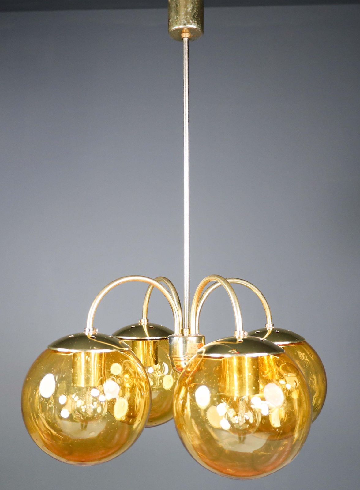 Large Chandelier In Amber Hand Blown Colored Glass Globes & Brass, Europe, 1970s photo furniture