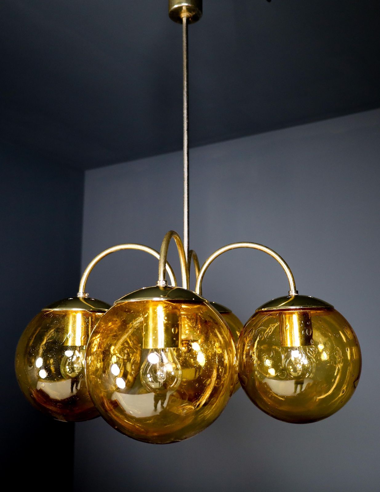 Large Chandelier In Amber Hand Blown Colored Glass Globes & Brass, Europe, 1970s photo 1641.0