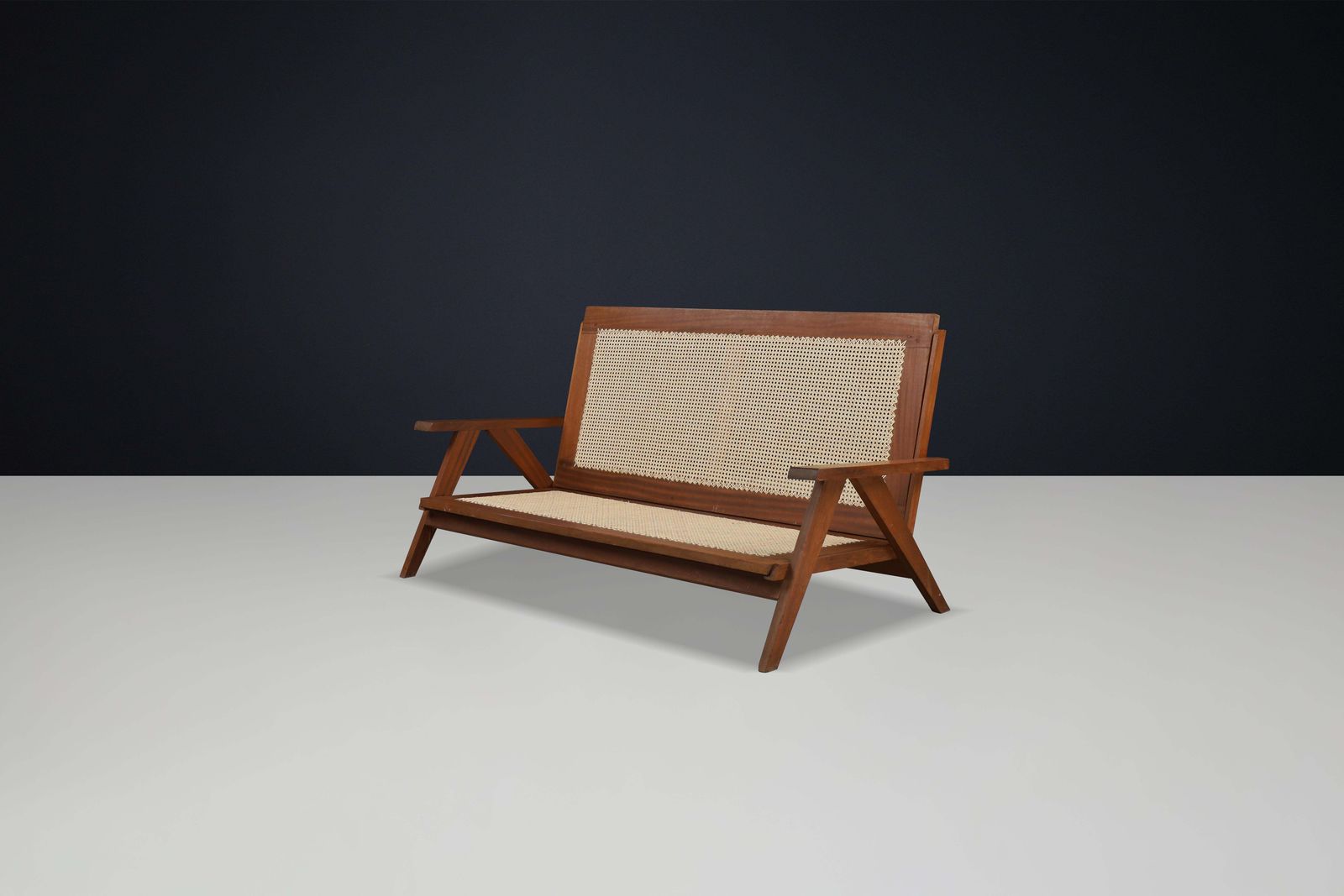 Rare 1950s French Teak And Cane Sofa – Mid Century Modern photo vinterior