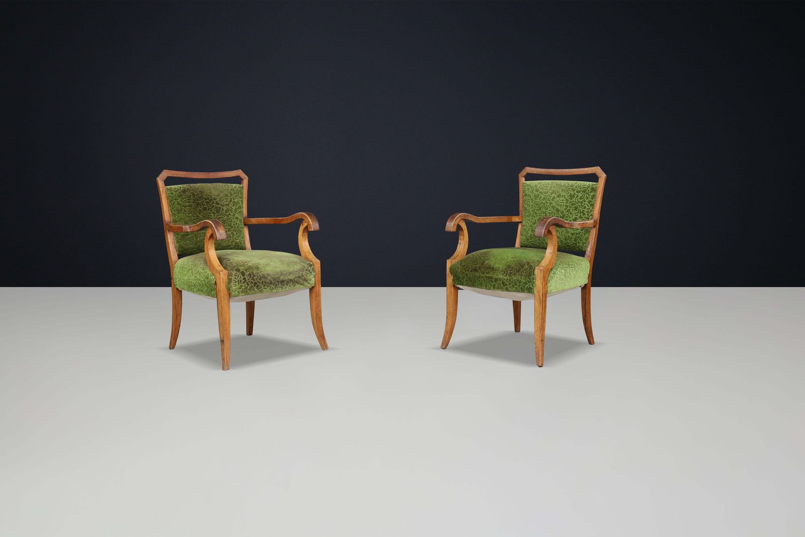 Sculptural Walnut Art Deco Armchairs With Original Green Floral Upholstery Italy photo furniture
