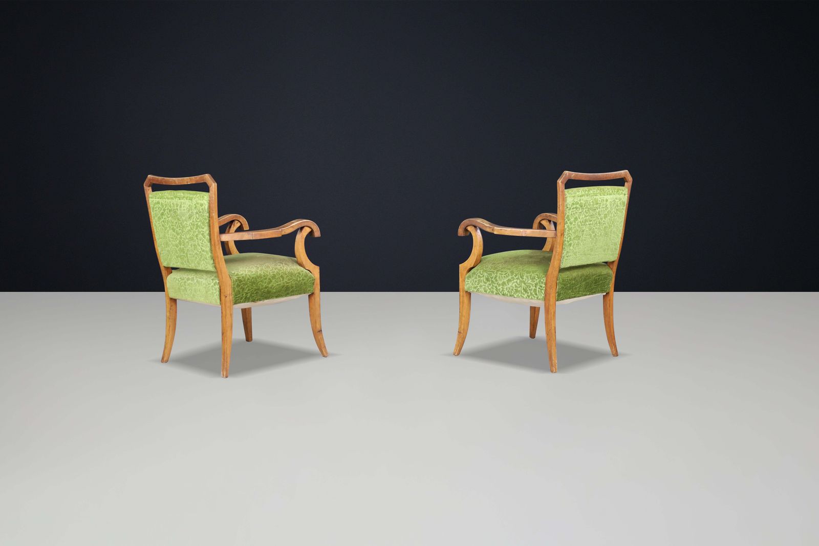 Sculptural Walnut Art Deco Armchairs With Original Green Floral Upholstery Italy photo Furniture