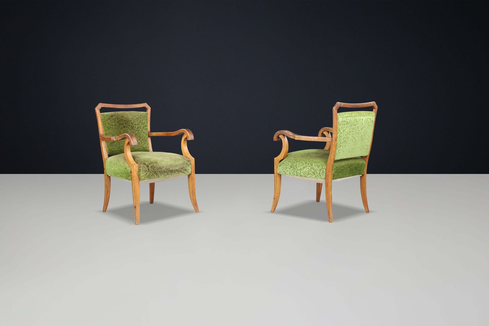 Sculptural Walnut Art Deco Armchairs With Original Green Floral Upholstery Italy photo 2749.0