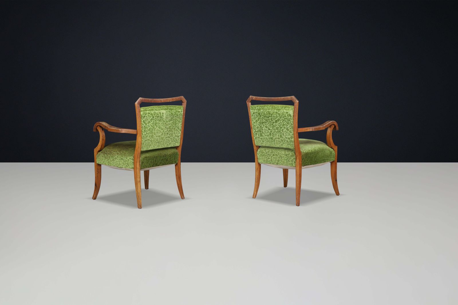 Sculptural Walnut Art Deco Armchairs With Original Green Floral Upholstery Italy photo buy
