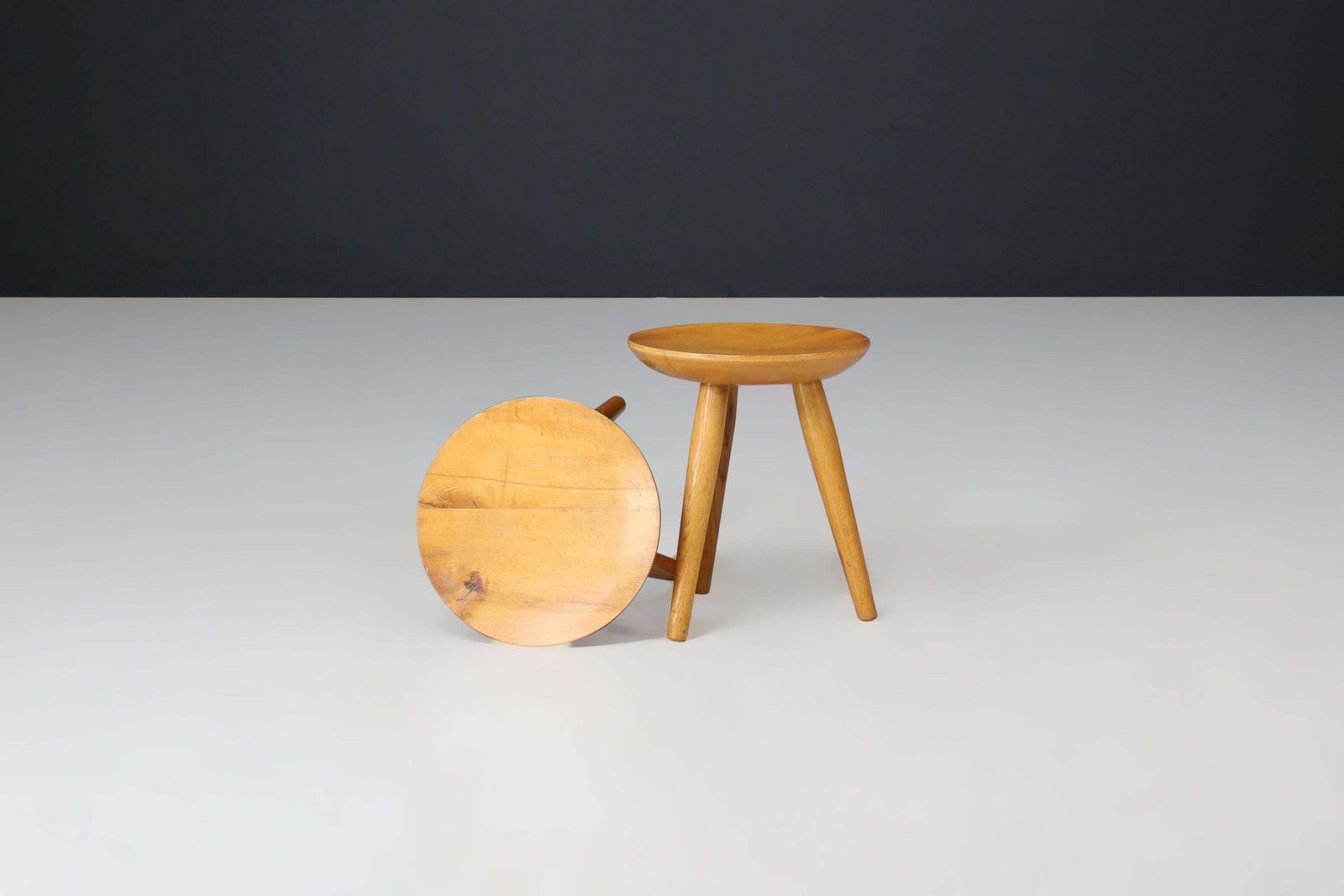 Pair Of French Mid Century Elm Wood Tabourets – France, 1950s photo furniture