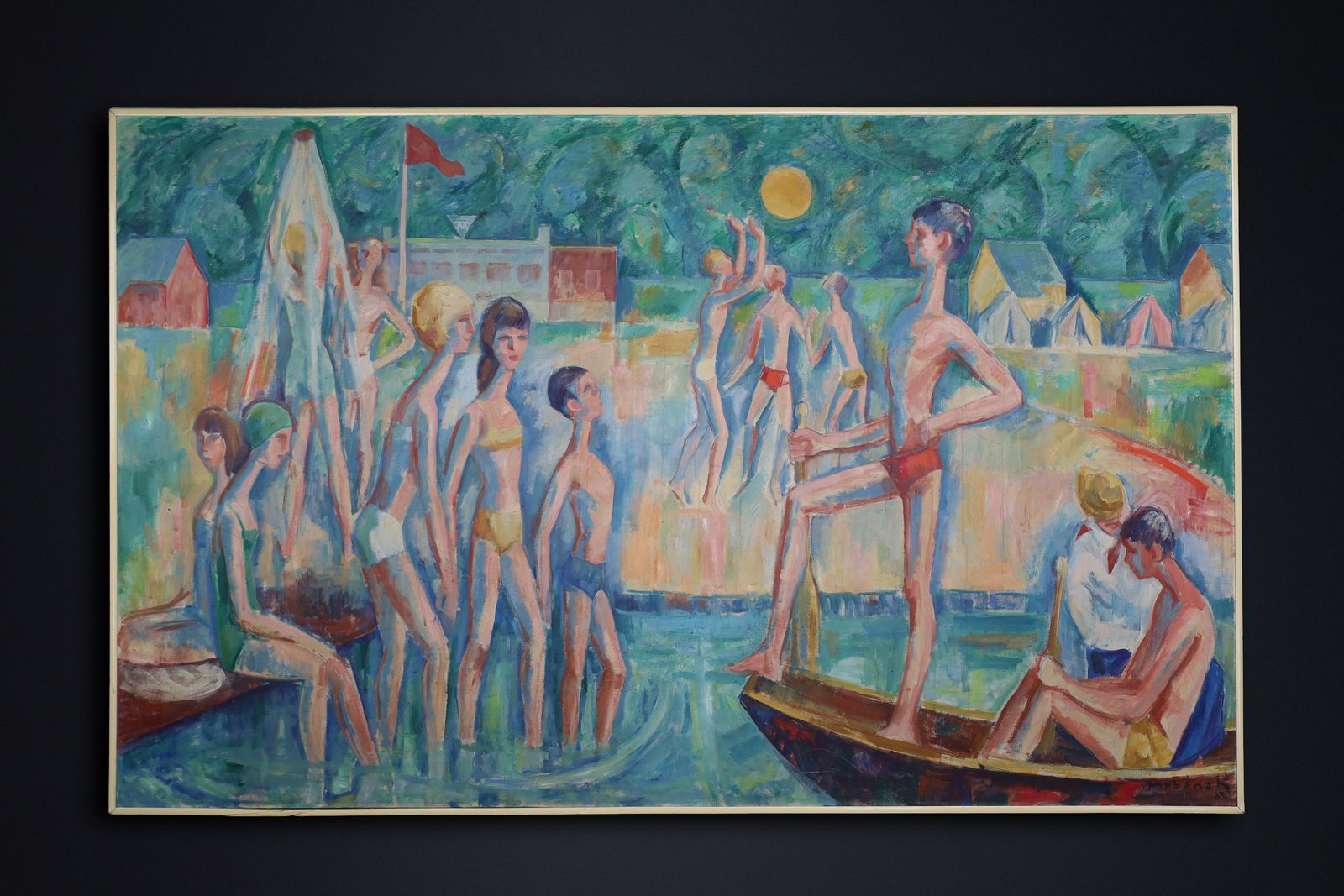 11392.0 Monumental Modernist Painting ‘Swimmers’ By Urbanek, Prague 1963 photo