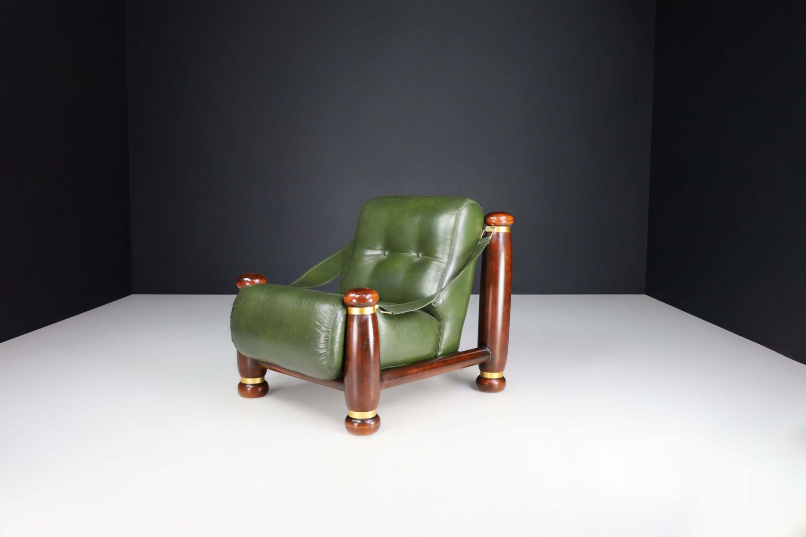 Walnut, Brass, And Green Leather Lounge Chairs From, Italy, 1960s photo furniture