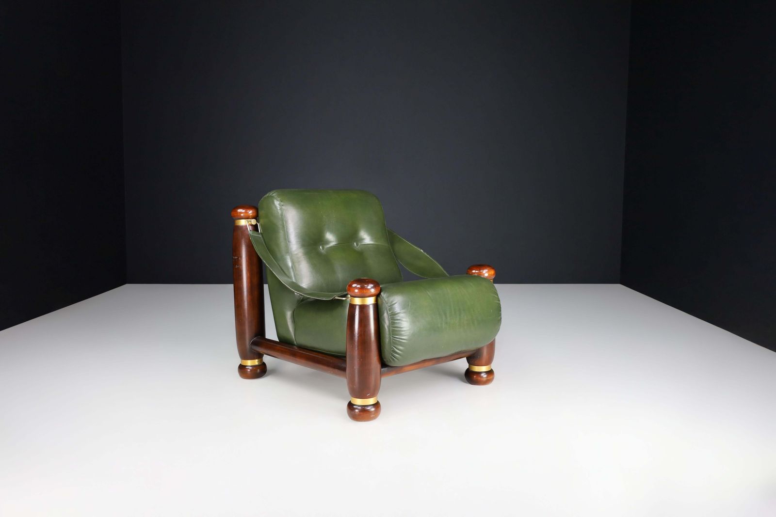 Walnut, Brass, And Green Leather Lounge Chairs From, Italy, 1960s photo 4405.0