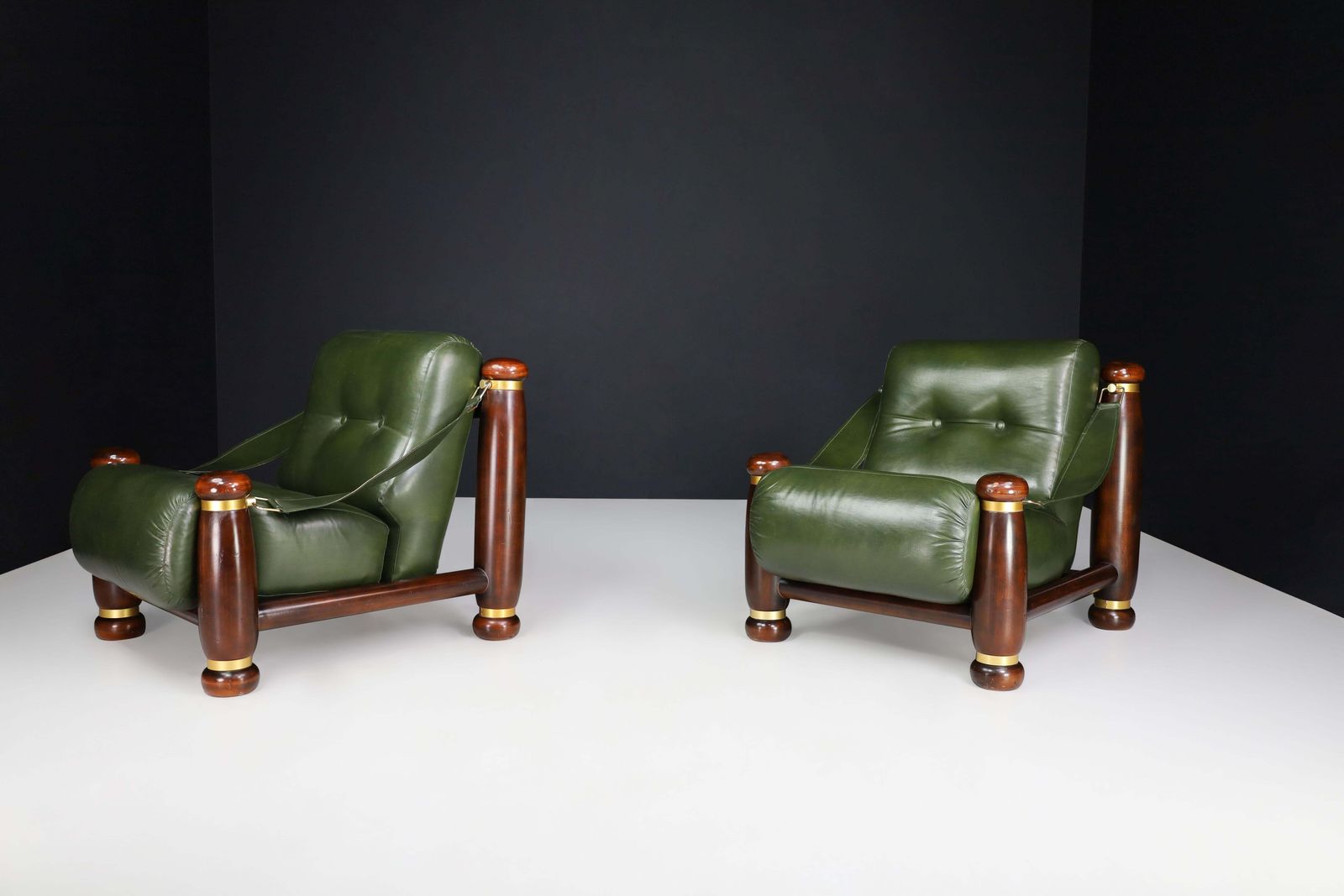 Walnut, Brass, And Green Leather Lounge Chairs From, Italy, 1960s photo buy