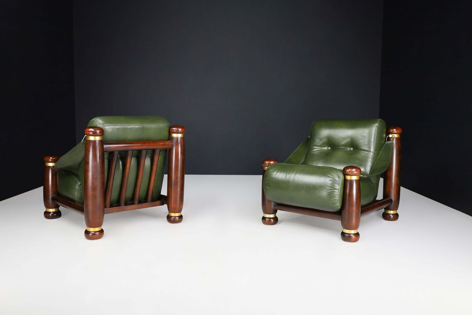 Walnut, Brass, And Green Leather Lounge Chairs From, Italy, 1960s photo vintage