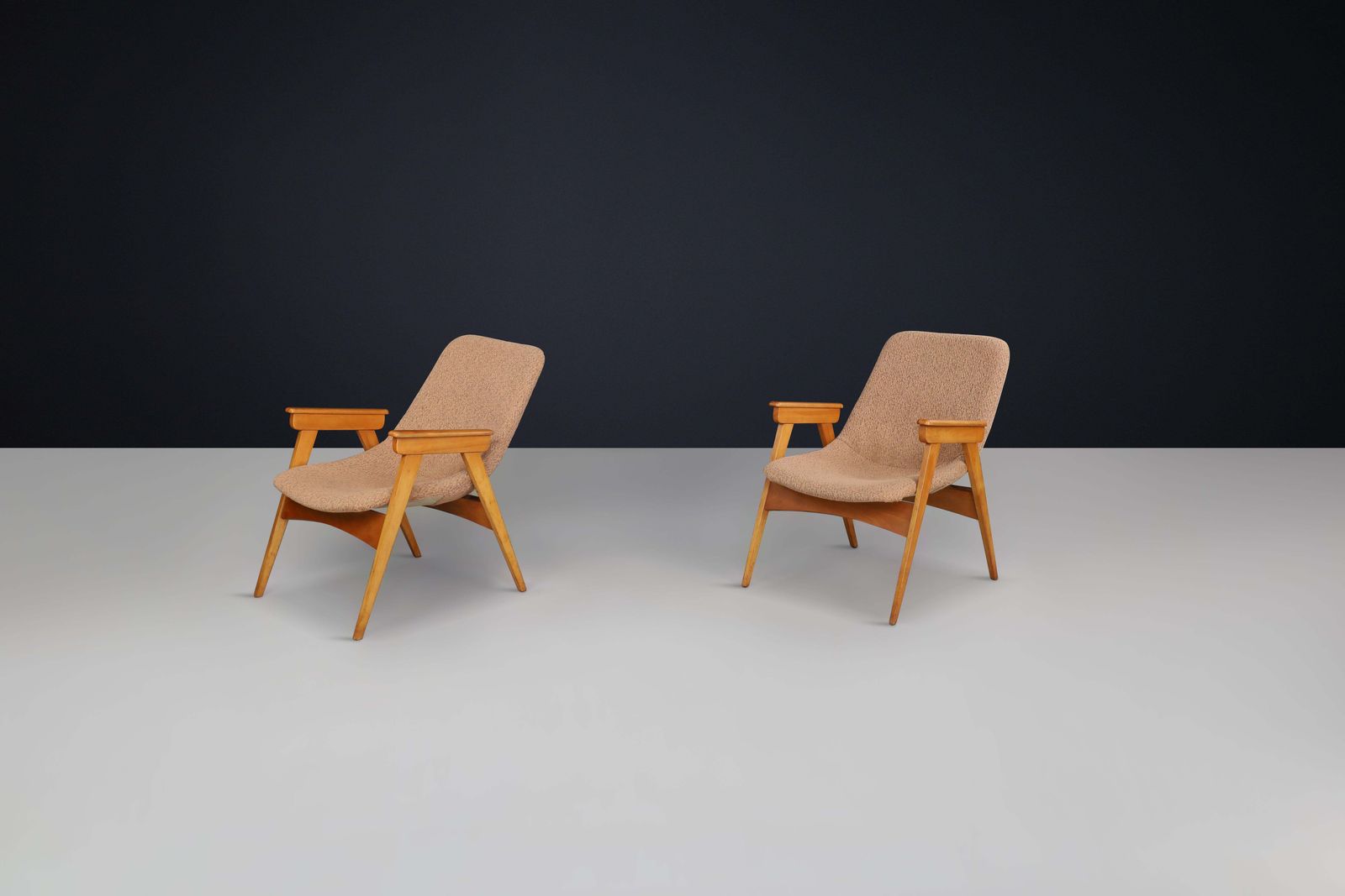 Pair Of 1950s European Beech & Fiberglass Lounge Chairs – Mid Century Modern photo for sale