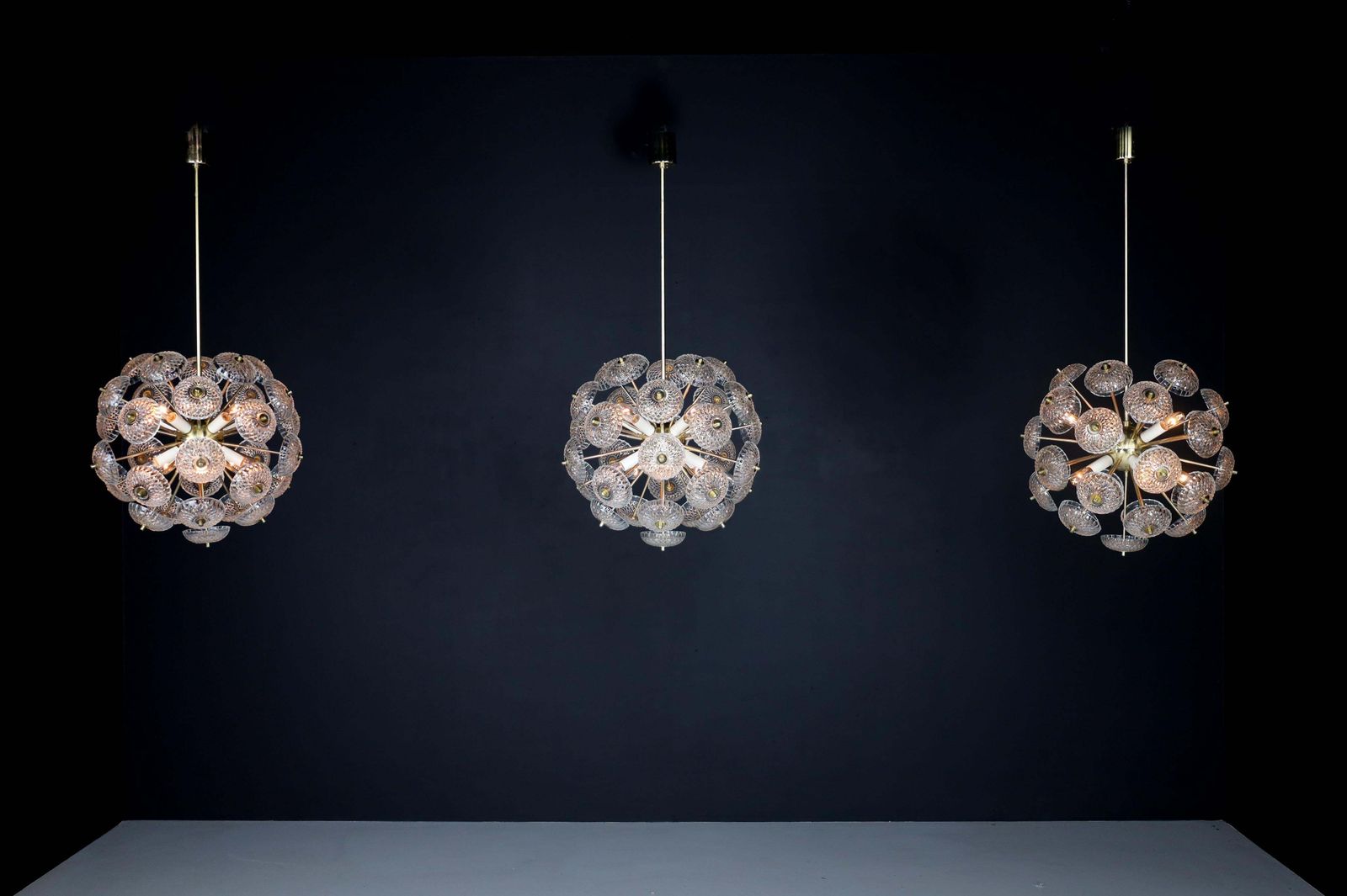 photo for sale Mid Century Modern Brass Floral Glass And Brass Chandelier,  Europe, 1960s