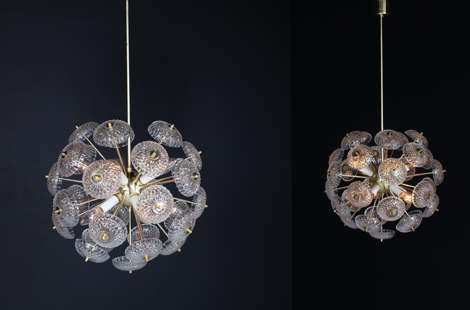 photo vinterior Mid Century Modern Brass Floral Glass And Brass Chandelier,  Europe, 1960s