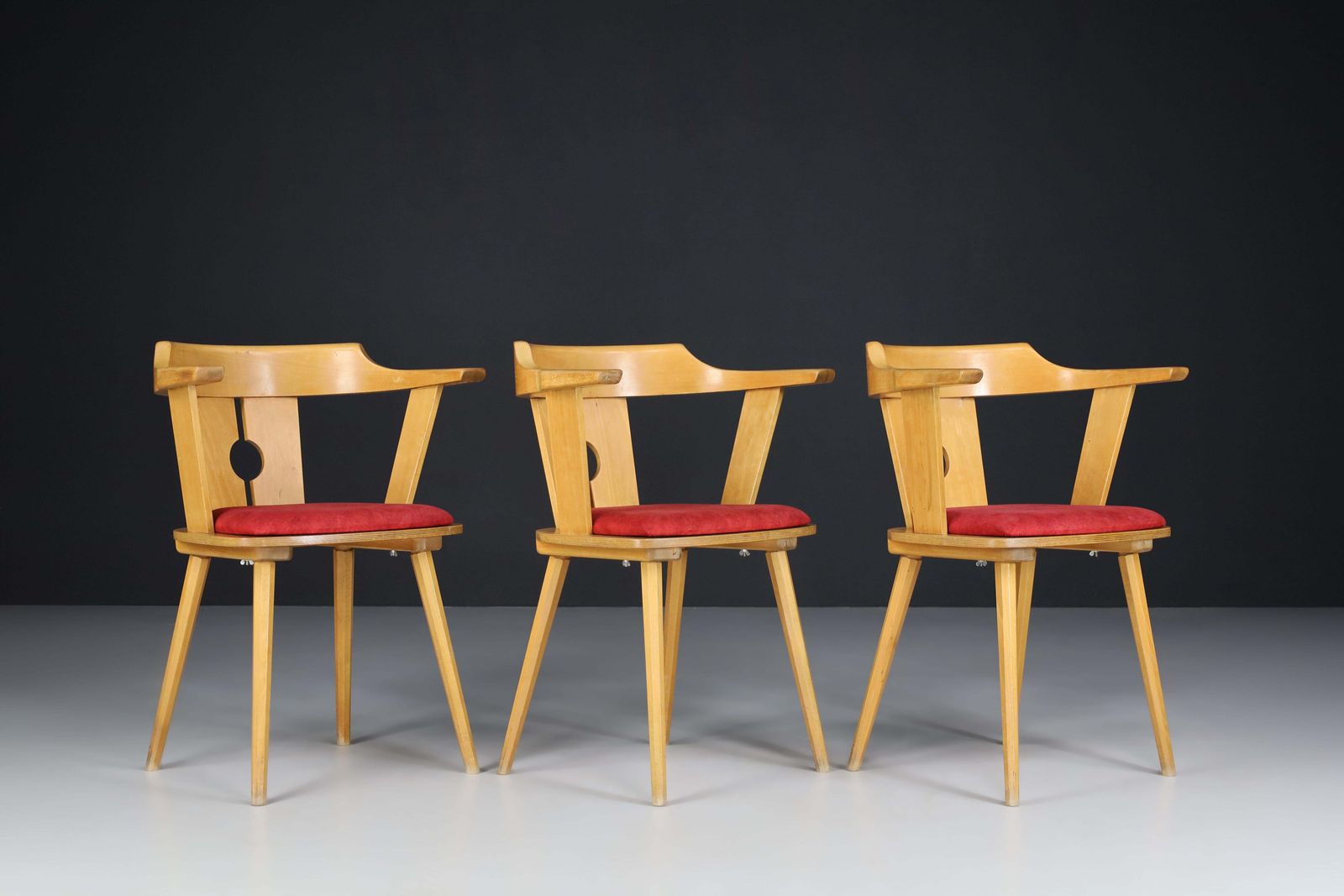 Large Set/12 Of Dining Arm Chairs In Beech And Original Upholstery, France 1960s photo vintage