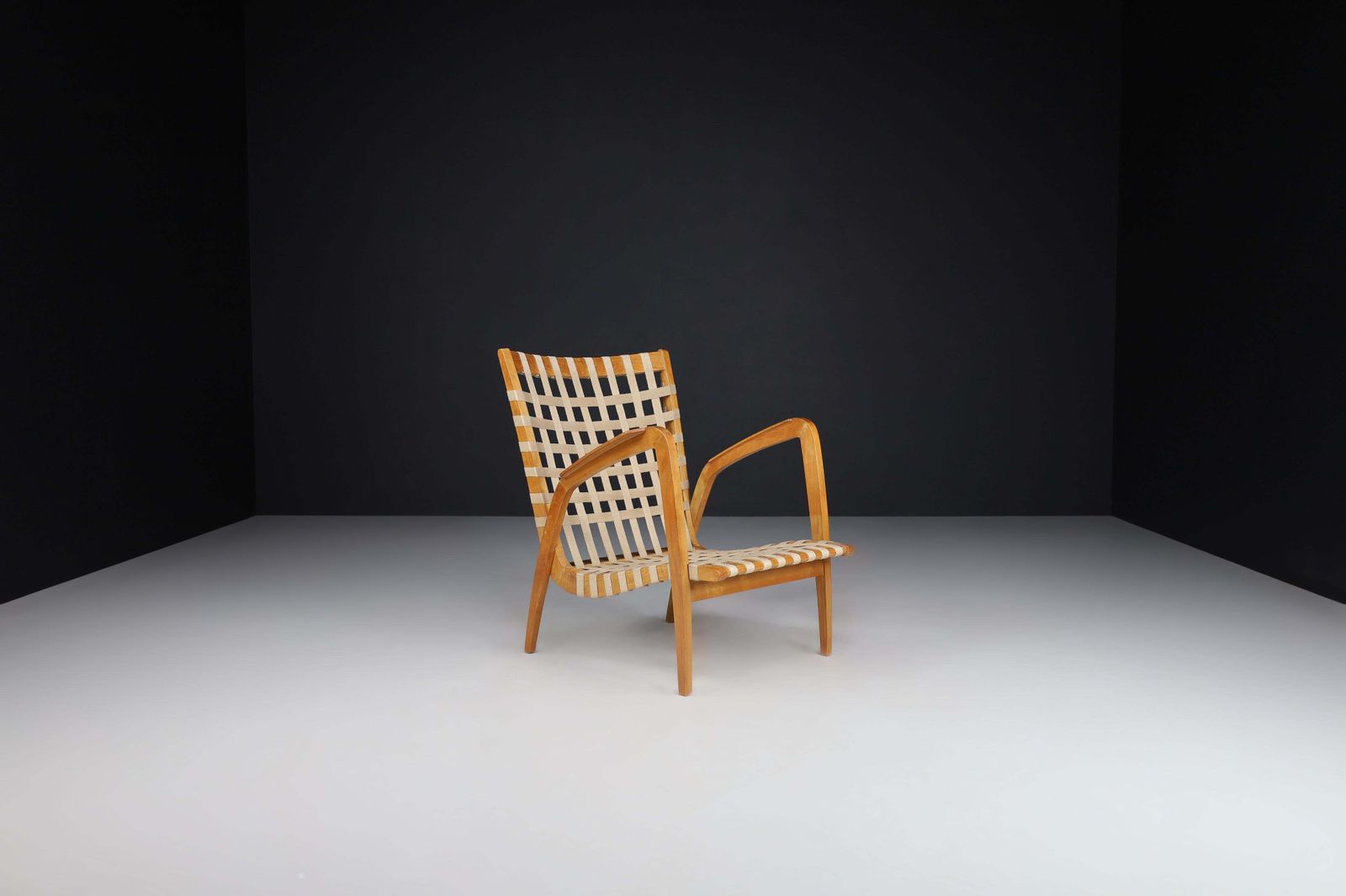 Jan Vanek Curved Easy Chair In Oak And Woven Canvas Straps, Praque 1930s photo for sale