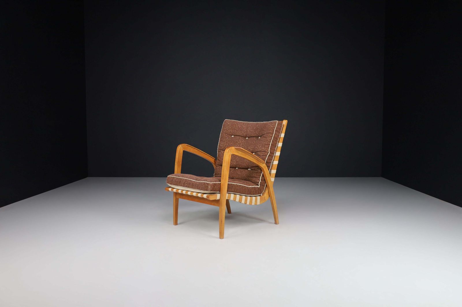 Jan Vanek Curved Easy Chair In Oak And Woven Canvas Straps, Praque 1930s photo vintage