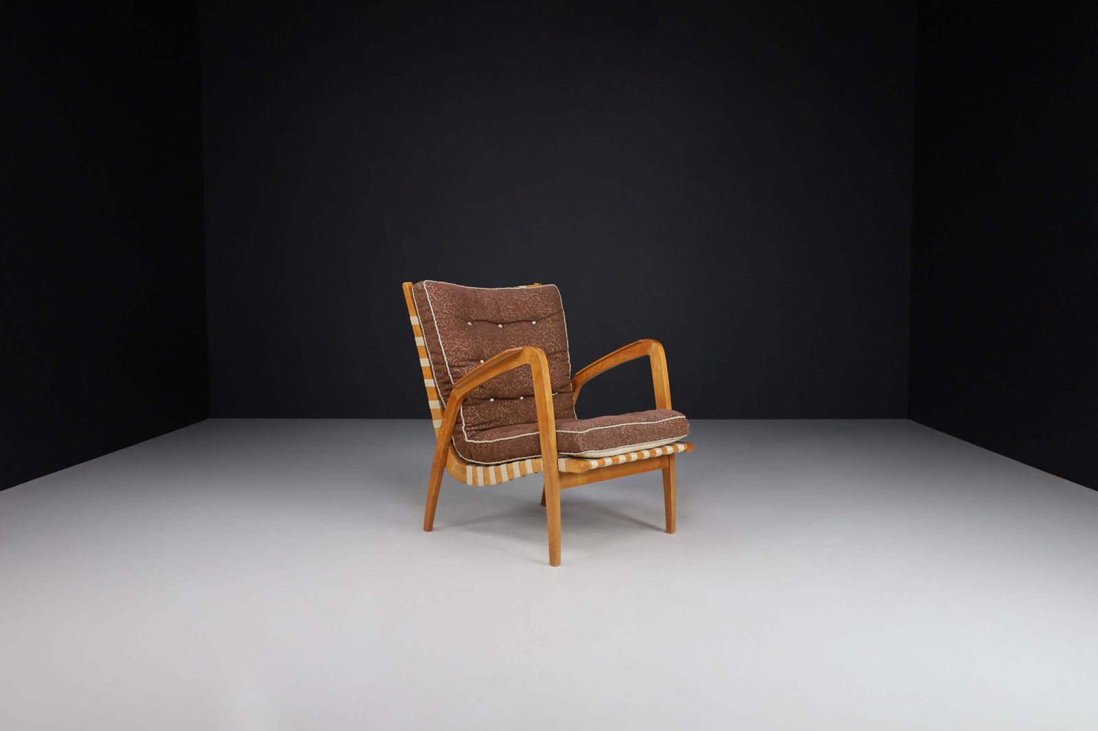 photo furniture Jan Vanek Curved Easy Chair In Oak And Woven Canvas Straps, Praque 1930s