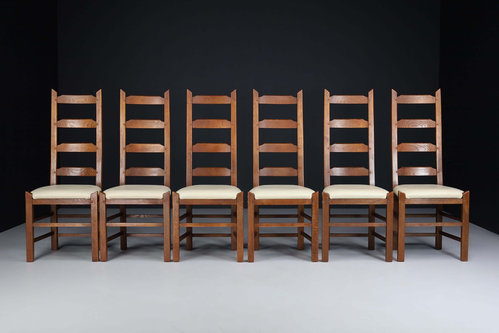 Ladder Back Chairs Crafted In Oak And Leather Seats, France, 1950s photo furniture