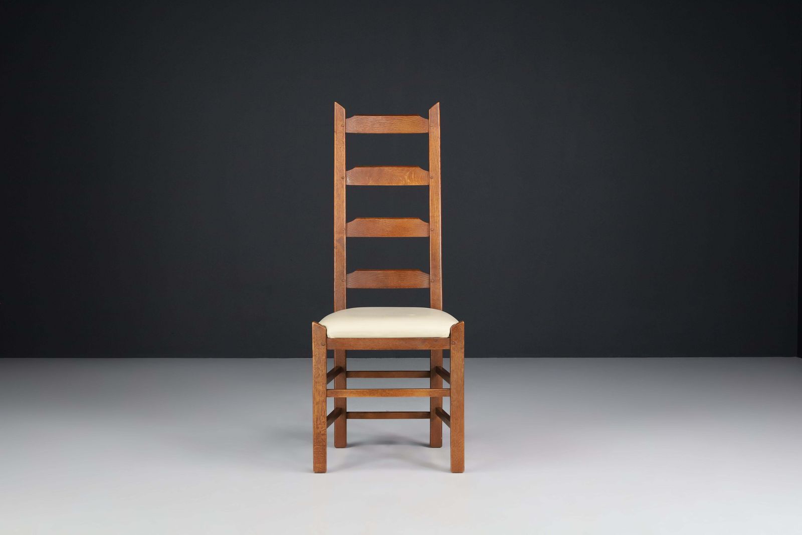 Ladder Back Chairs Crafted In Oak And Leather Seats, France, 1950s photo vinterior