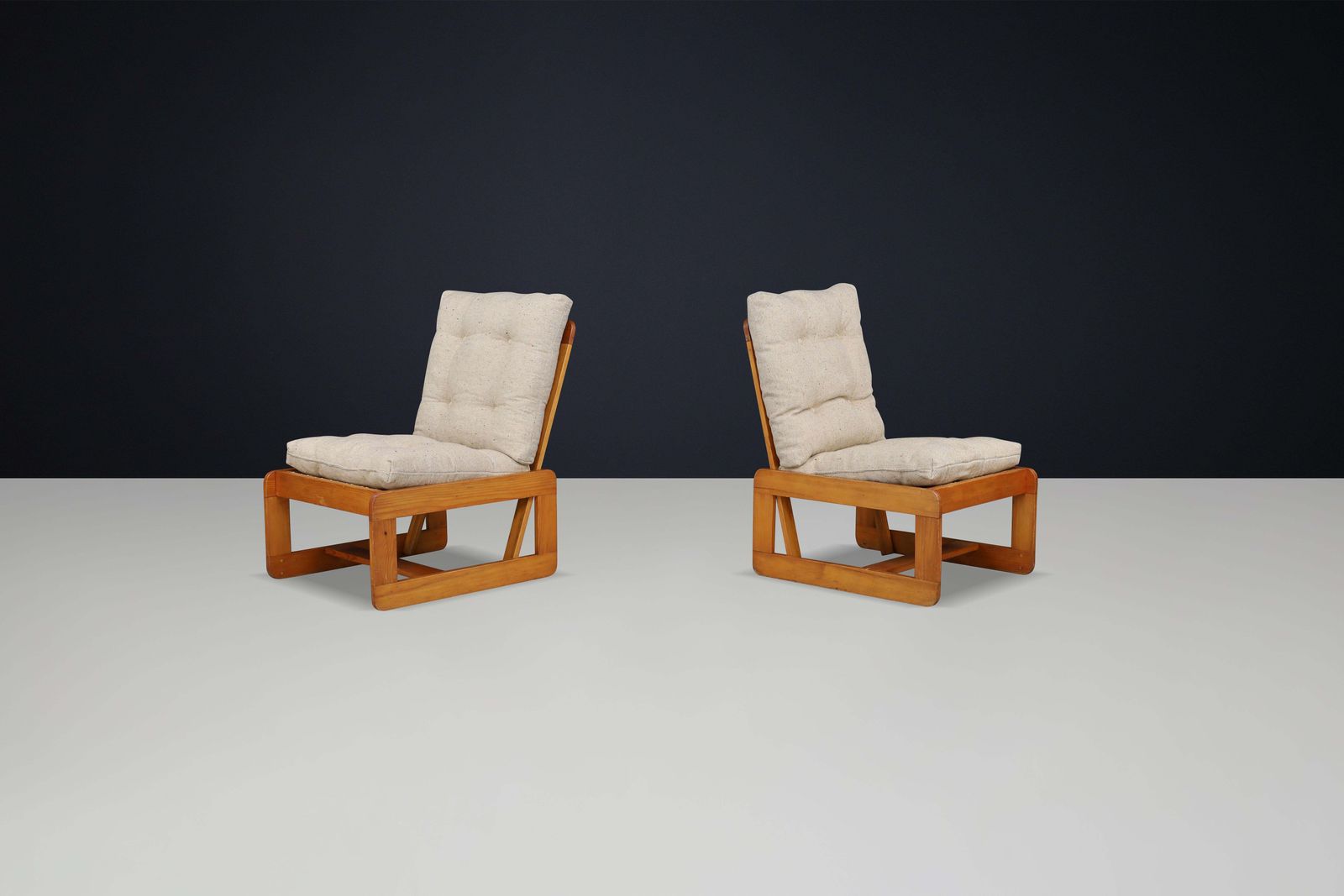Pinewood Lounge Chairs In Original Jute Fabric Italy 1970s photo for sale