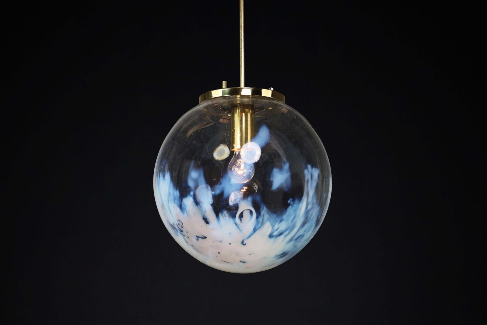 Mid Century Modern Pendant In Brass And Art Glass With White Streaks, Cz 1970s photo furniture