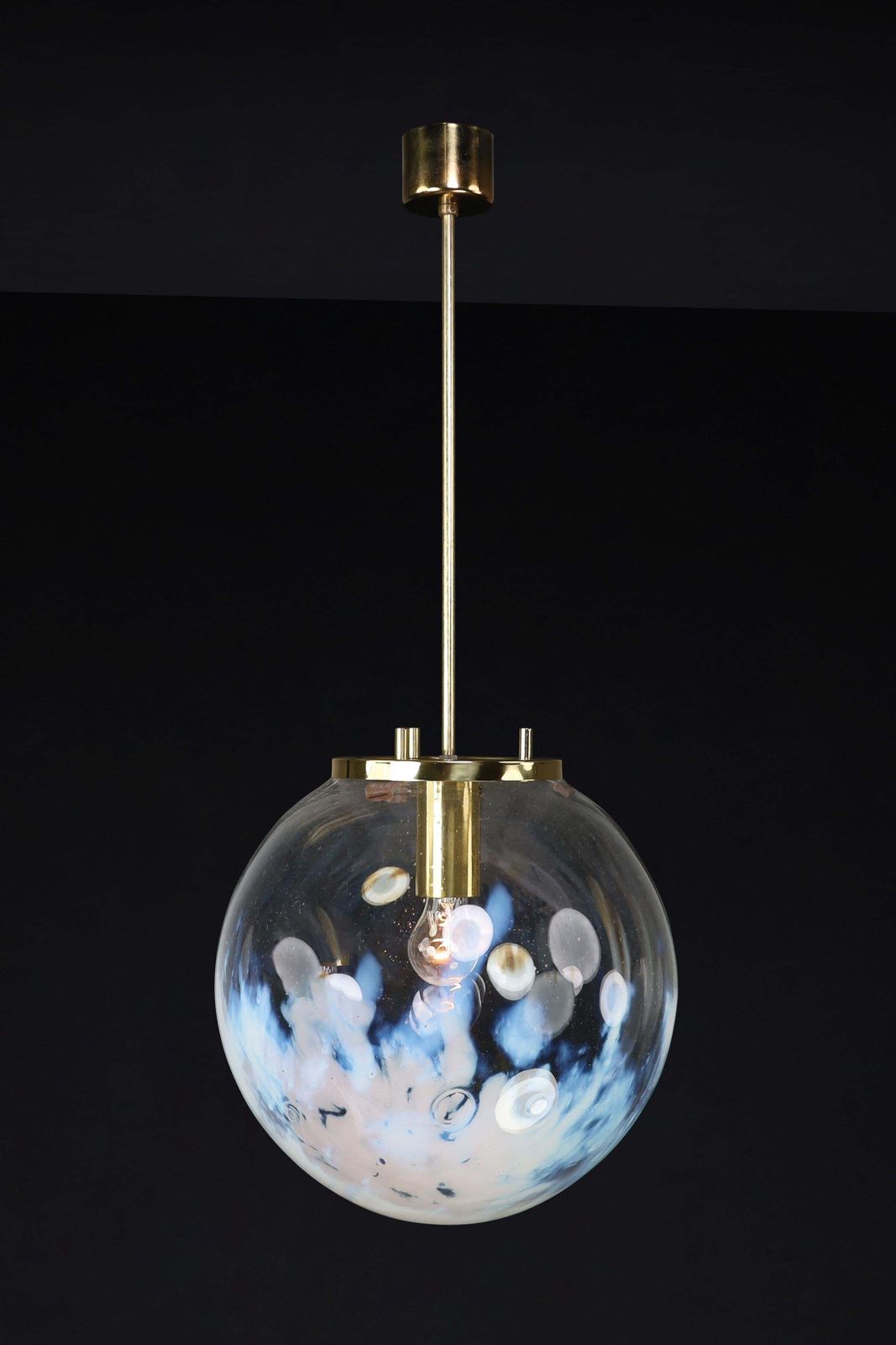 Mid Century Modern Pendant In Brass And Art Glass With White Streaks, Cz 1970s photo buy