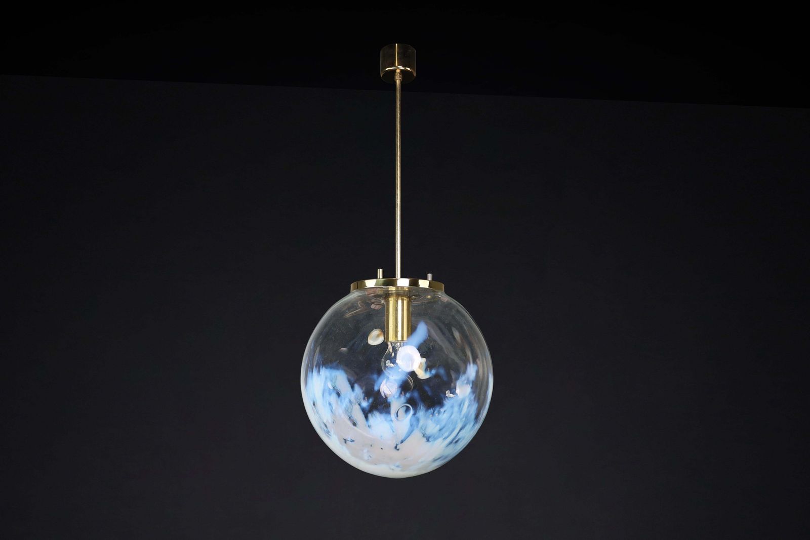 photo furniture Mid Century Modern Pendant In Brass And Art Glass With White Streaks, Cz 1970s