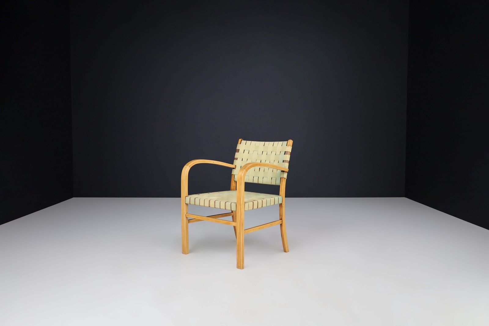 Mid Century Modern Armchair In Beech And Patinated Canvas Webbing, France, 1950s photo for sale