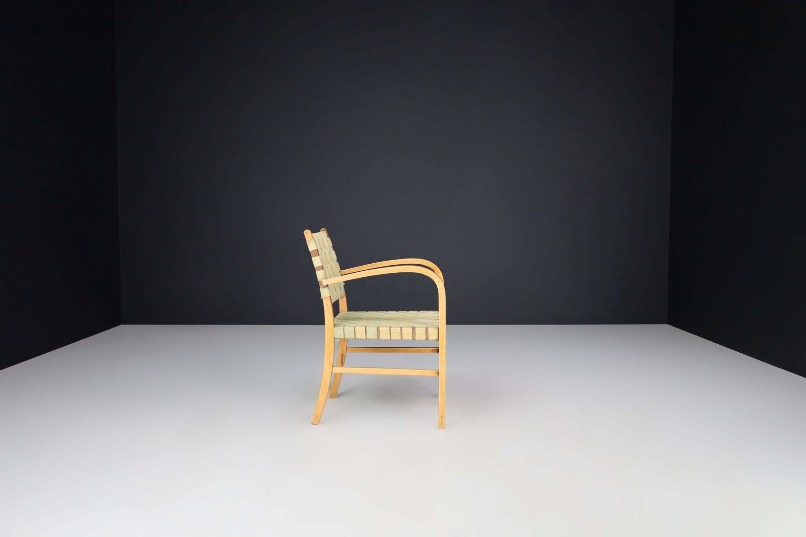 Mid Century Modern Armchair In Beech And Patinated Canvas Webbing, France, 1950s photo buy