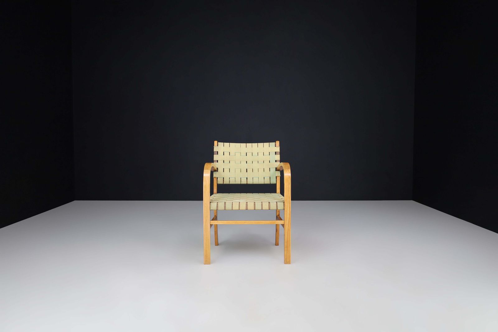 Mid Century Modern Armchair In Beech And Patinated Canvas Webbing, France, 1950s photo vintage
