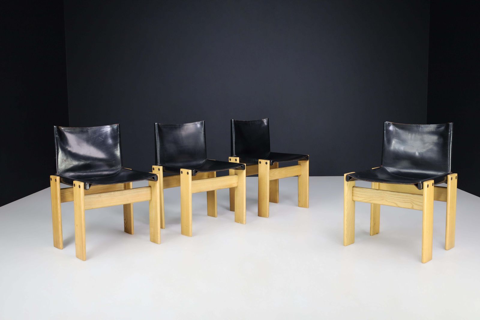 Afra & Tobia Scarpa Black Leather "Monk" Dining Room Chairs For Molteni Set Of 4 photo furniture