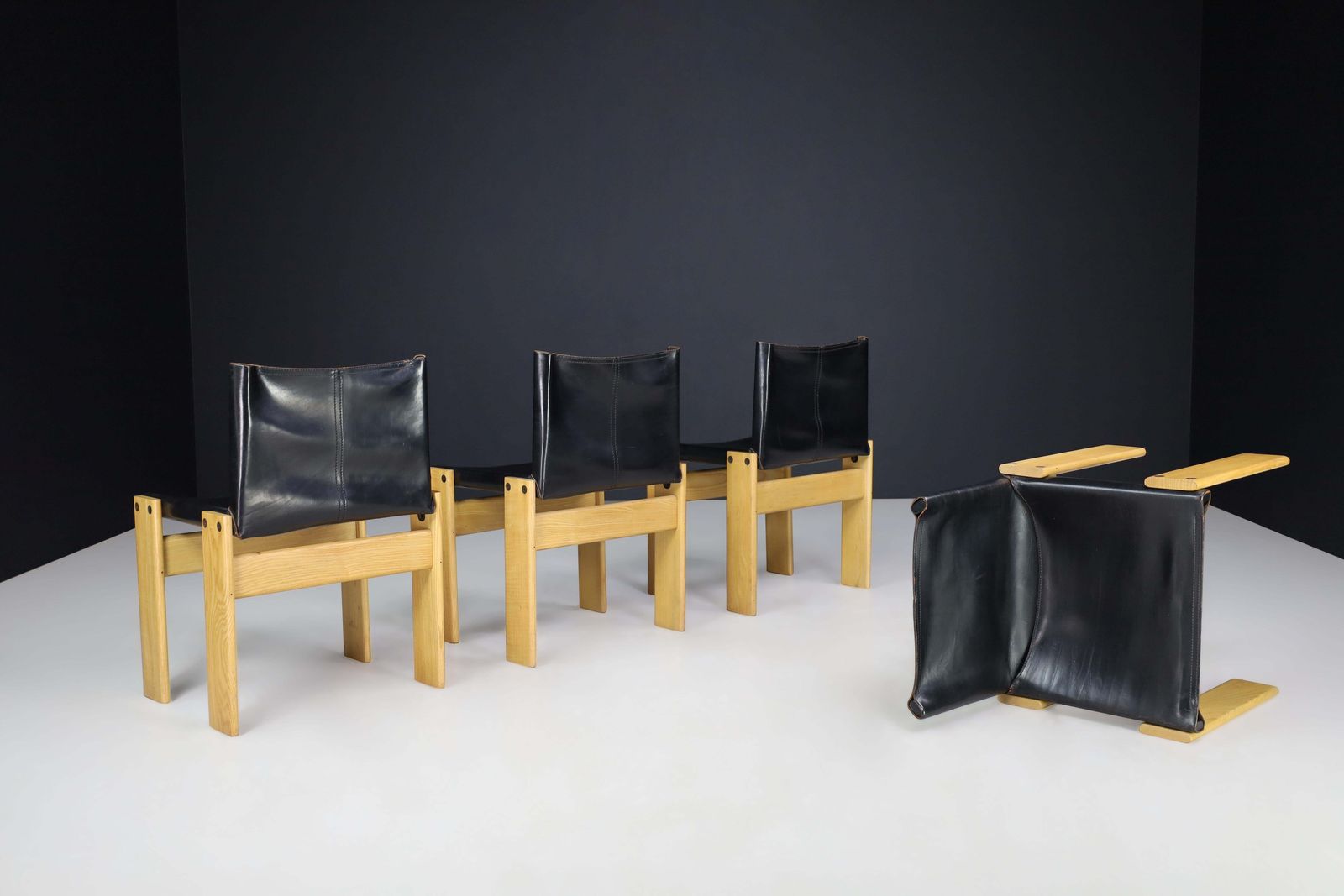 Afra & Tobia Scarpa Black Leather "Monk" Dining Room Chairs For Molteni Set Of 4 photo for sale
