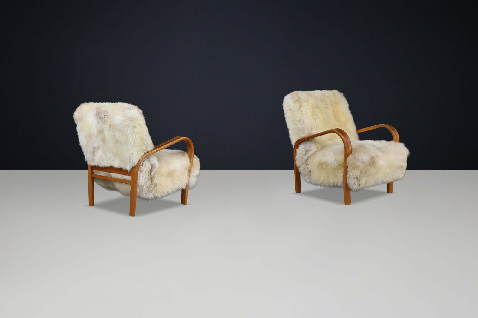 Patinated Bentwood Lounge Chairs By Kozelka & Kropacek In Texel Sheepskin photo Furniture