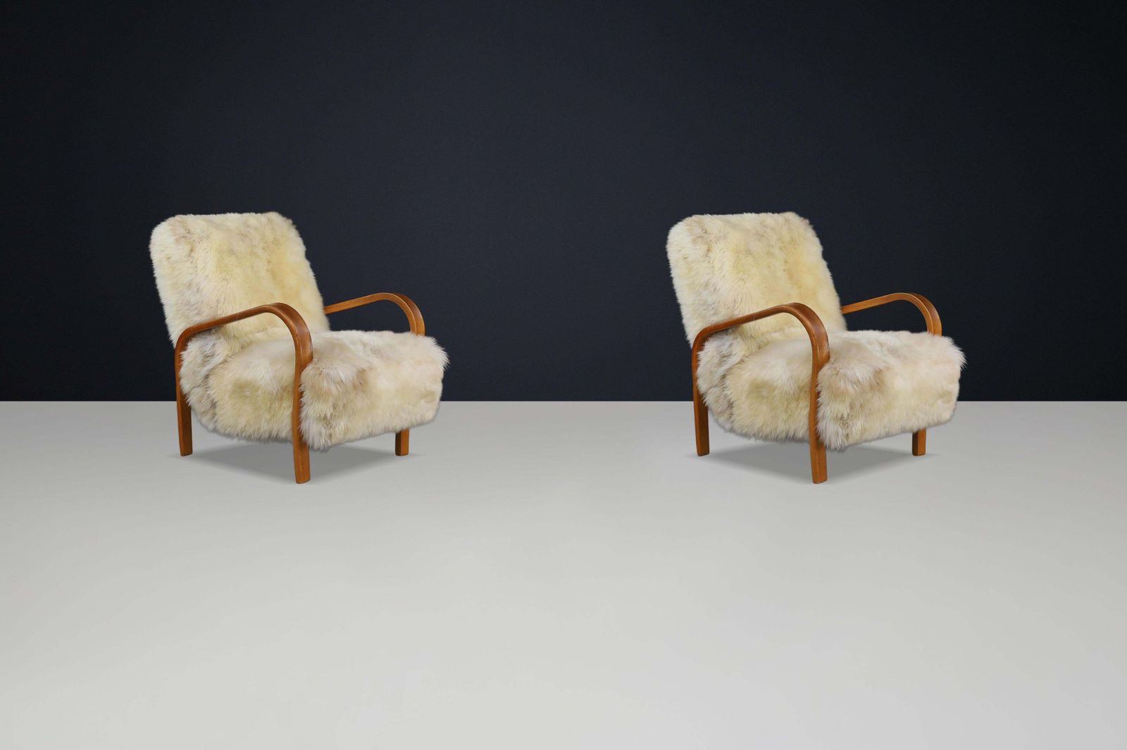 Patinated Bentwood Lounge Chairs By Kozelka & Kropacek In Texel Sheepskin photo 6072.0