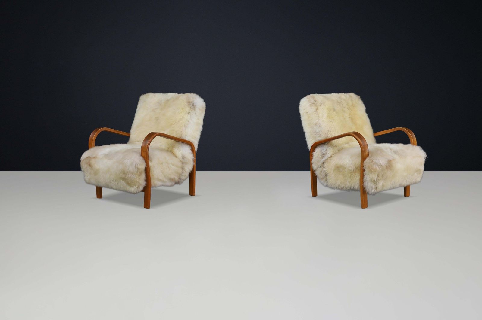 photo furniture Patinated Bentwood Lounge Chairs By Kozelka & Kropacek In Texel Sheepskin