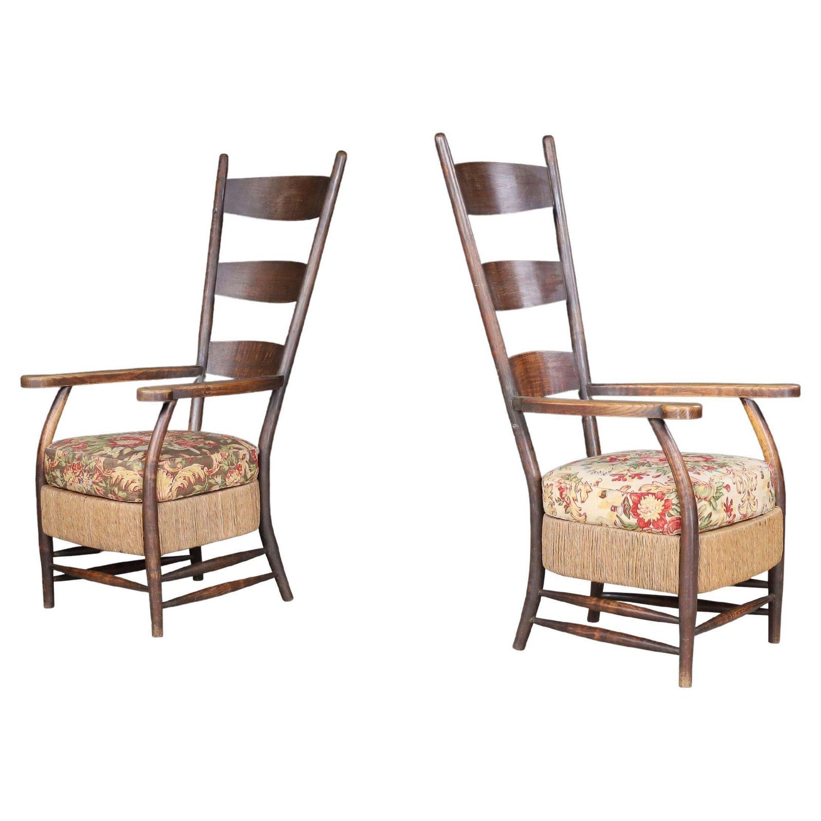 French Provincial Highback Armchairs In Oak Rope & Floral Upholstery, France'30s