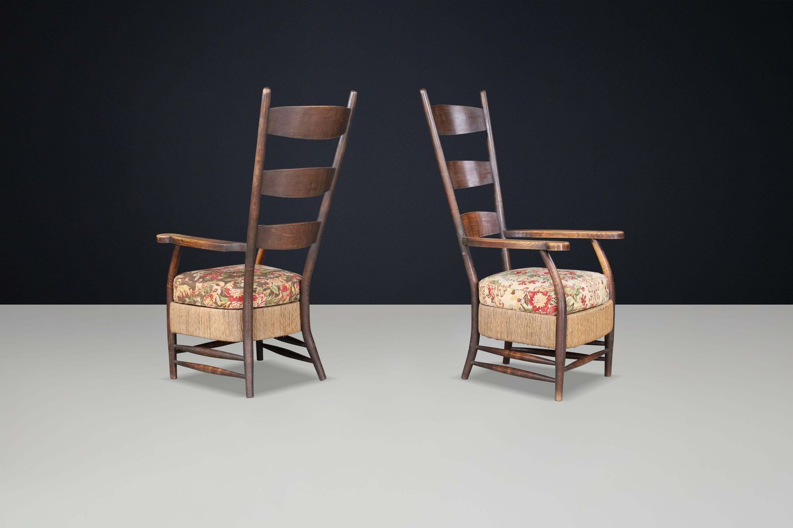 French Provincial Highback Armchairs In Oak Rope & Floral Upholstery, France'30s photo vinterior